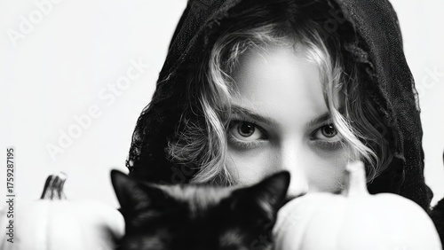 Mysterious woman in lace veil with black cat and pumpkins black and white