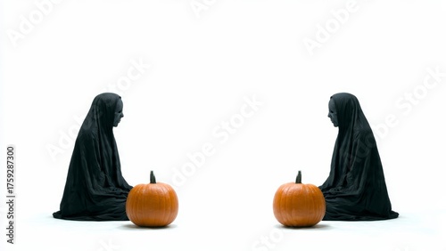 Two figures in black cloaks and masks sit opposite each other with pumpkins