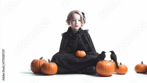 Young girl in dark gothic dress with pumpkins and black birds on white background