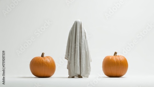 A person in a white sheet ghost costume stands between two orange pumpkins on a white background