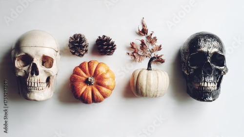 Two skulls two pumpkins pinecones and dried leaves arranged on a white background