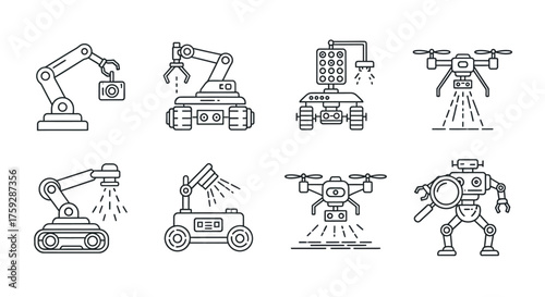 Collection of industrial robots and drones in a clean line art style for technology and automation themes vector