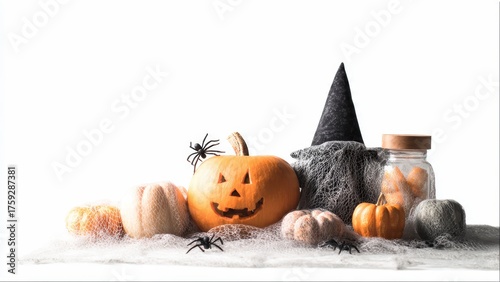 Carved jack o lantern pumpkins witch hat spiders and jar with treats on white background