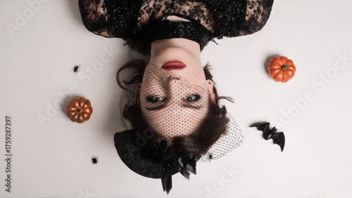 A woman in a black lace dress and veil lies with Halloween decorations including pumpkins spiders and a bat