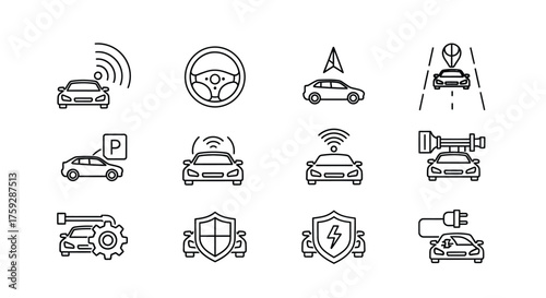 Autonomous driving technology icons set featuring self driving cars and smart vehicle features vector