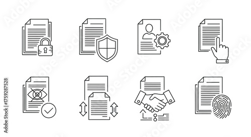 Document icons representing security verification data management and agreement concepts in a sketchy style vector