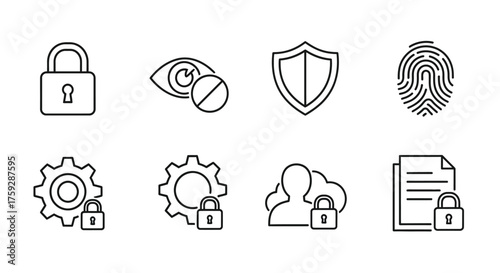 Security icon set featuring padlocks shields fingerprint and document for digital protection concepts vector