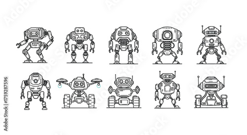 Collection of ten unique robot characters in a retro science fiction style with detailed outlines for animation vector