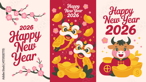 Happy New Year 2026 Illustrations Ox Year Celebration, Gold Ingots, Cherry Blossoms, and Festive Designs