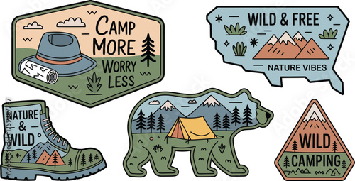 Nature-themed sticker collection with camping, mountains, wildlife, and motivational nature quotes in vintage frame style for outdoor lovers