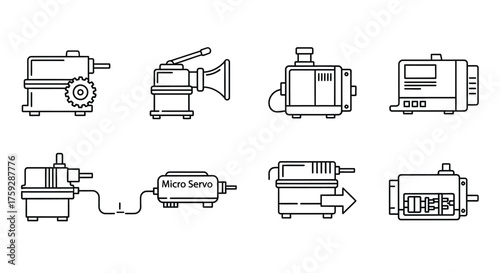 Collection of electrical appliances for home and industry line art set vector
