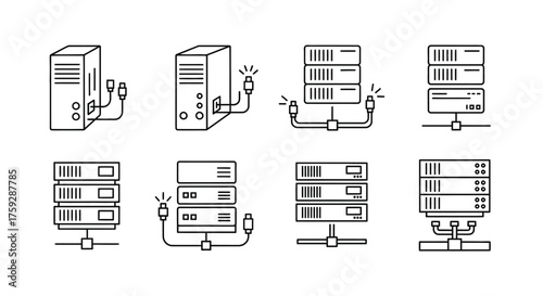 Collection of server racks and computer towers symbolizing data center and network infrastructure vector