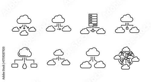 Set of hand drawn cloud computing network diagrams and icons for digital services and data flow vector