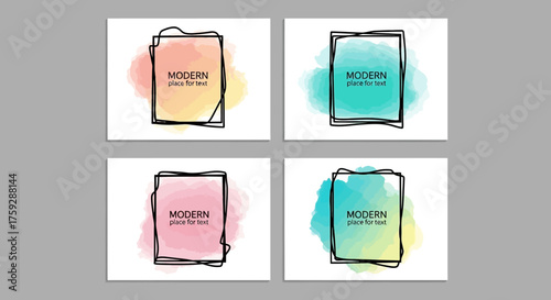 Set of four modern abstract watercolor background frames with sketchy borders for design elements and text placement