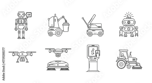 Collection of modern technology icons featuring drones robots and construction equipment schematics vector