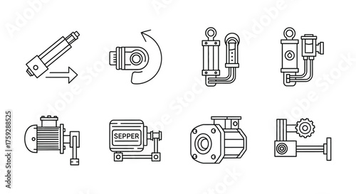 Set of industrial machine components and mechanisms hand drawn line art icons for engineering diagrams vector