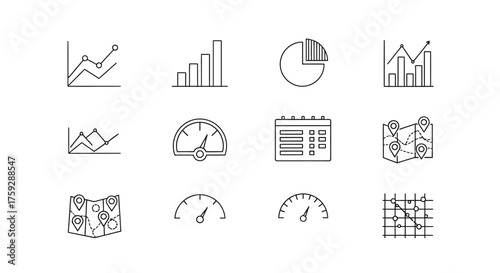 Collection of hand drawn business and financial chart icons for data analysis and reporting vector