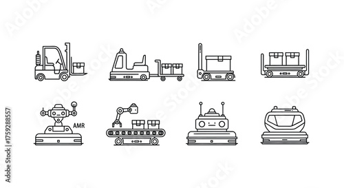 Set of industrial and logistics icons featuring forklifts trucks and automated machinery vector