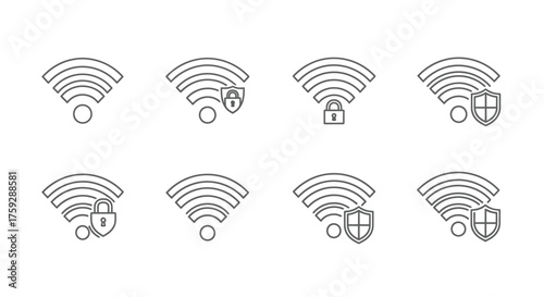 Collection of wifi signal icons featuring security shields and lock symbols for network protection vector