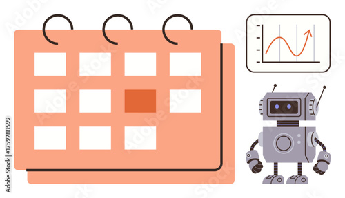 Robot beside calendar with highlighted date and chart showing growth. Ideal for automation, scheduling, technology, productivity, planning, AI future trends, and success metaphor. Simple flat