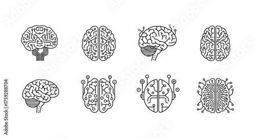 Set of stylized brain icons representing technology artificial intelligence and cognitive processes vector