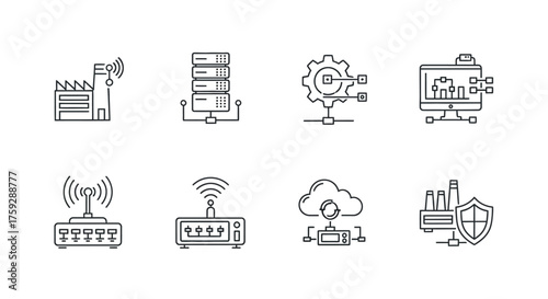Network infrastructure icons data center servers cloud connectivity and industrial iot technology simplified vector