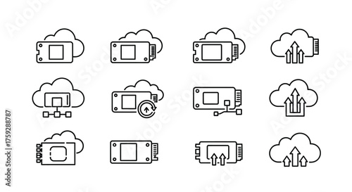 Cloud computing icons set showing data transfer storage and security concepts hand drawn sketch style vector