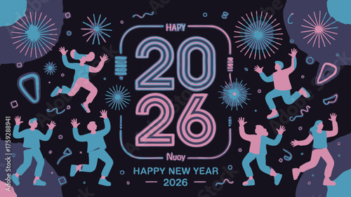 Playful Happy New Year 2026 Illustration with Abstract People, Fireworks, and Dark Background Design