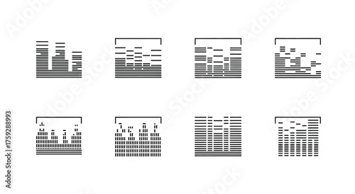 Eight stylized bar chart icons representing data analysis and financial growth concepts vector