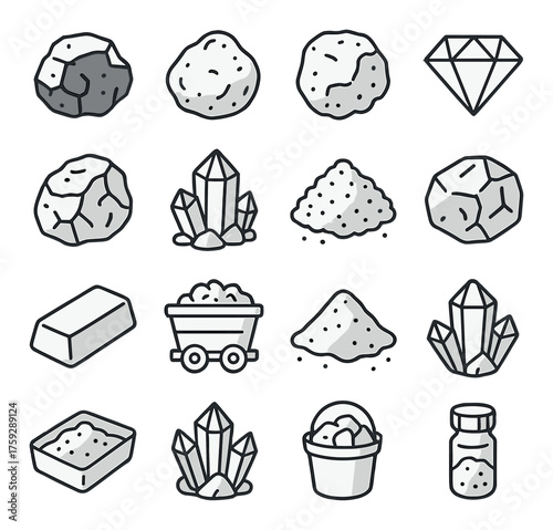 Black and white mineral icons featuring gems, crystals, and ores