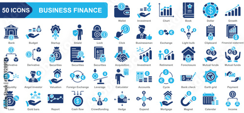Business finance collection icon set. Investment, Chart, Dollar, Growth, Bank, Budget, startup. Simple flat vector.