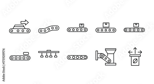 Industrial conveyor belt systems set simple outline icons for manufacturing and logistics automation vector