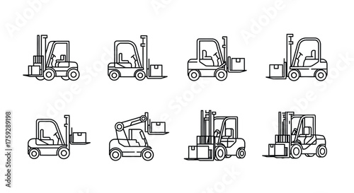 Collection of line art forklift trucks lifting boxes in different warehouse scenarios vector
