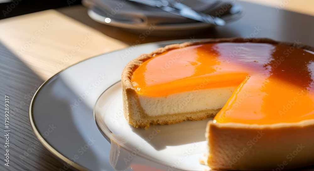 Fototapeta premium Delicious Citrus Tart Dessert with Orange Glaze on Plate Under Sunlight