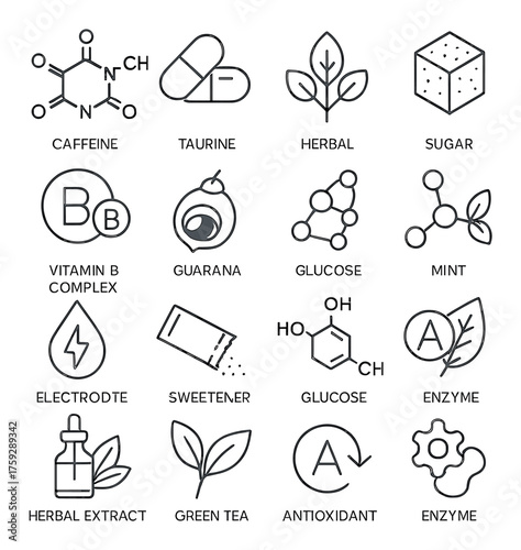 Energy drink ingredients: caffeine, taurine, herbal extracts, glucose, antioxidants