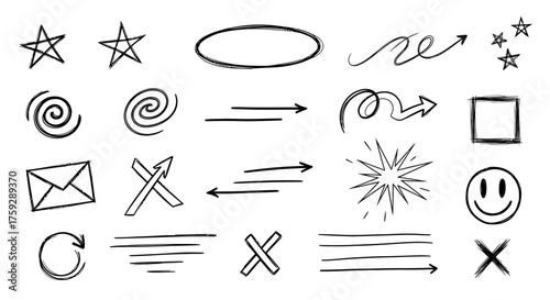 Collection of Hand Drawn Doodle Elements Including Stars Swirls Arrows Shapes and Emojis for Creative Design Projects