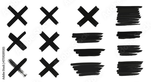 Collection of Hand Drawn X Marks and Scribble Lines Representing Negation and Rejection Isolated on a White Background