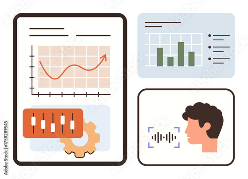 Graphs with upward trends, bar charts, financial sliders, gear, and voice recognition. Ideal for AI technology, data visualization, finance, speech recognition business analysis trends teamwork