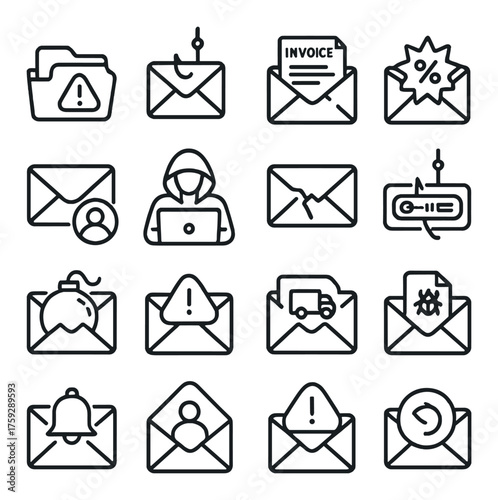Cybersecurity icons illustrating email threats and internet safety concepts
