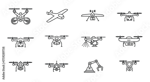 Collection of drone and aircraft icons diverse aerial vehicle designs for technology and innovation concepts vector