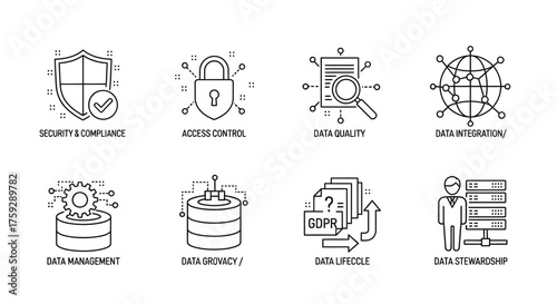 Set of 8 technology icons representing cybersecurity data storage cloud computing and digital services vector