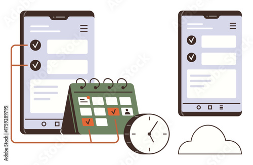 Mobile screens with task lists and checkmarks, calendar with events, clock, and cloud icon. Ideal for productivity, time management, scheduling, reminders, planning office work and digital