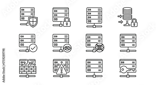 Server icons set representing cybersecurity data protection cloud storage and network security vector