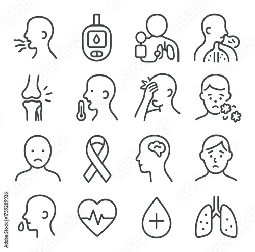 Medical icons: health symbols including respiration blood sugar and heartbeat indicators