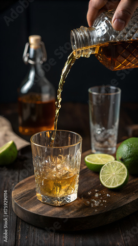 Tequila being poured into a shot glass 
