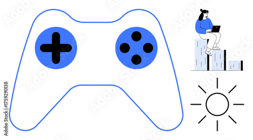 Game controller alongside a woman working on a laptop seated on data bars, paired with a sun icon. Ideal for gaming, technology, analysis, productivity, innovation, entertainment, simple flat