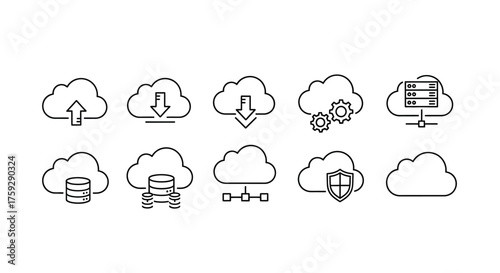 Set of cloud computing icons representing data storage security and upload download operations vector