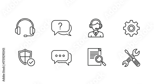 Set of hand drawn icons representing customer support technical assistance and communication vector