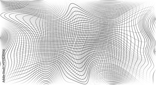 Abstract wavy grid mesh background – minimal geometric line flow pattern with distorted time-space curvature, vector illustration.