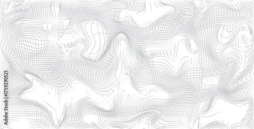 Abstract flowing wireframe pattern – fragile warp and weft with broken threads and frayed edges, distorting the curvature of time and space, vector illustration.